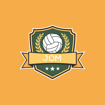 JOM Volleyball Logo Design JOM Modern Sports Shield Emblem with Ball, Laurel and Ribbon for Volleyball Club, JOM Tournament and Team Branding
