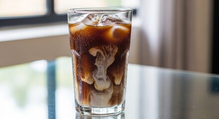 Refreshing Iced Coffee with Cream Swirls in a Tall Glass.