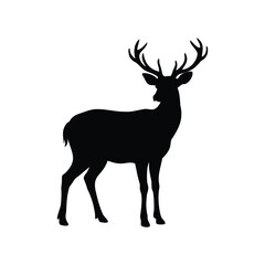 Elegant Black Silhouette of a Majestic Deer with Antlers Against White Backdrop, deer with winter coat silhouette vector illustration