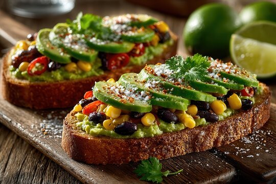 Avocado toast with roasted corn and tomatoes on a wooden board
