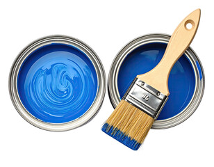 Two open cans of vibrant blue paint with a paintbrush (1)