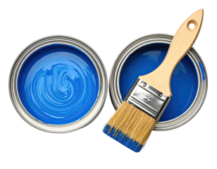 Two open cans of vibrant blue paint with a paintbrush (1)