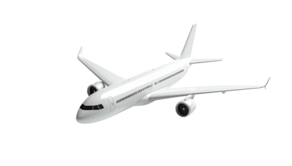 A white passenger jet at a slight angle, against a stark black background