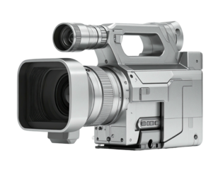 Sleek, gray, professional video camera with lens and handle, on black background