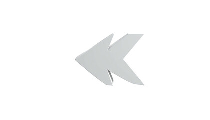 A 3D-rendered, glossy, grey double-arrow icon pointing left against a black backdrop