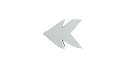 A 3D-rendered, glossy, grey double-arrow icon pointing left against a black backdrop