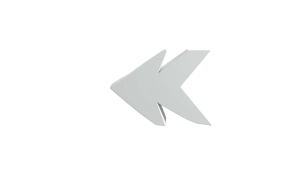 A 3D-rendered, glossy, grey double-arrow icon pointing left against a black backdrop