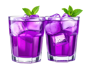 Two glasses of vibrant purple iced drinks, garnished with fresh mint leaves