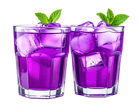 Two glasses of vibrant purple iced drinks, garnished with fresh mint leaves