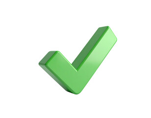 A glossy, green checkmark isolated against a stark black background
