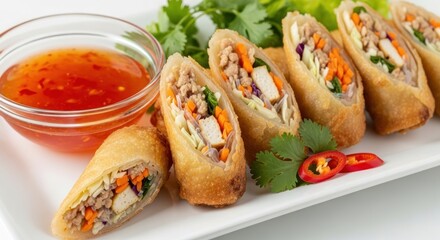 Crispy Golden Fried Spring Rolls with Dipping Sauce.