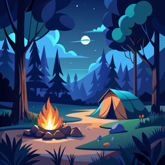 Campsite at Night in Forest &ndash; Tent, Bonfire, and Nature Scene Vector