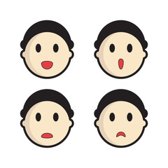 Boy face vector set with four different emotions: happy, surprised, sad, and confused. Simple cartoon illustration, perfect for icons, avatars, emoji, kids graphics, education, and design projects.