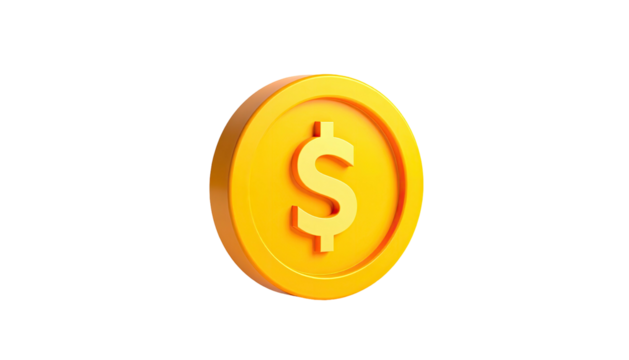A gold coin with a dollar sign floats against a stark black background