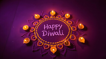 A vibrant Happy Diwali rangoli design in deep purple and yellow is beautifully illuminated by a circle of glowing earthen oil lamps (diyas).