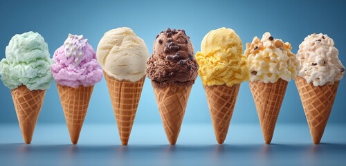 A vibrant array of ice cream cones showcasing diverse flavors against a cool blue background in a studio shot