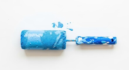 Aquatic painting tool with vibrant blue paint atop pristine white background