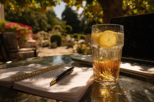 Clear glass with lemon drink on garden table with laptop - Powered by Adobe