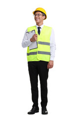Young engineer in hard hat and reflective vest with clipboard on white background