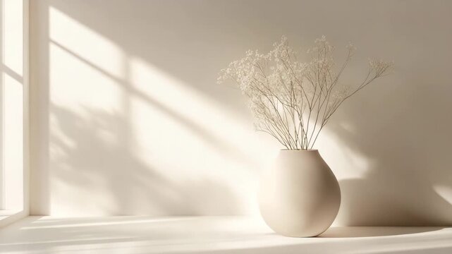 A white vase with flowers in it sits on a white floor. The vase is in front of a window, and the sunlight is shining on it. A smooth painted surface with a soft matte finish light