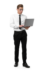 Young businessman with laptop on white background