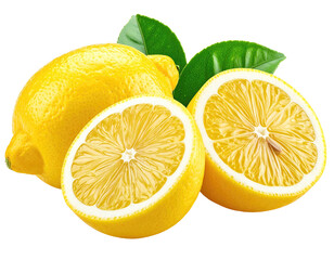 Fresh, whole and sliced lemons with vibrant green leaves