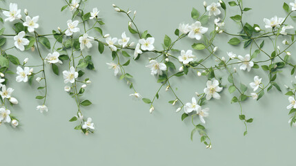 Elegant Floral Cascade: A graceful arrangement of delicate jasmine flowers and lush green vines cascades in a photorealistic display of natural beauty.