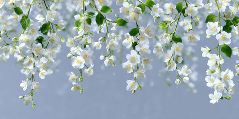 Jasmine Blossoms Cascade: A close-up of pristine jasmine blossoms, cascading gracefully, showcases the delicate beauty of nature. A serene composition of floral elegance.