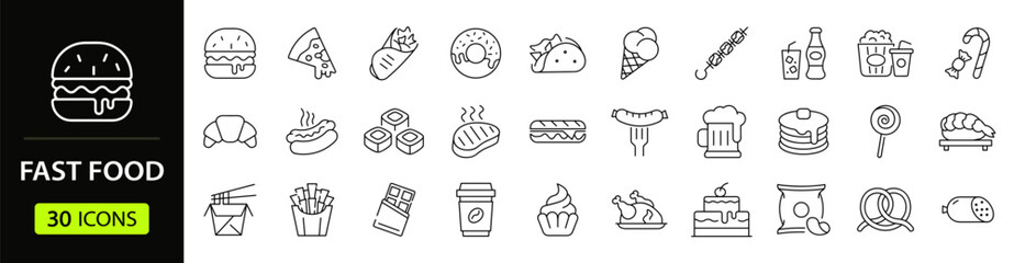 Fast food set of web icons in line style. Food and drink linear icon collection. Containing burger, pizza, hot dog, french fries, kabab, ice cream, coffee, donut, sandwich and more. Editable stroke