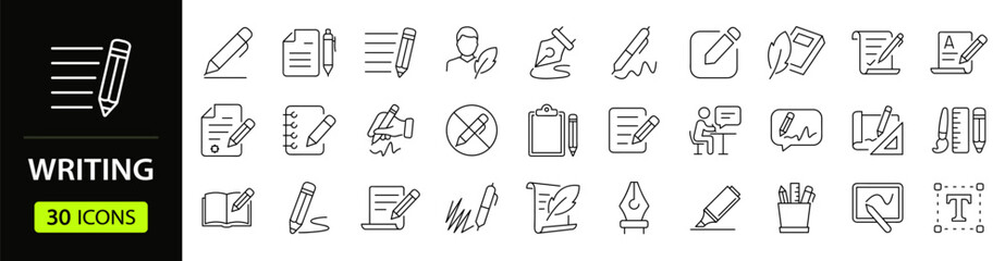Writing Web Icon Set in Line Style. Collection of Copywriting Linear Icons, Including write, note, edit, writer, text, pen, signature, content editing, document, nib, pencil and More. Editable Stroke.