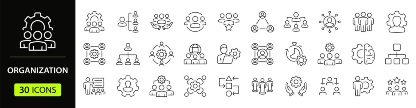 Organization management set of web icons in line style. Human resource linear icon collection. Containing business people, teamwork, structure, hierarchy, leadership and more. Editable stroke