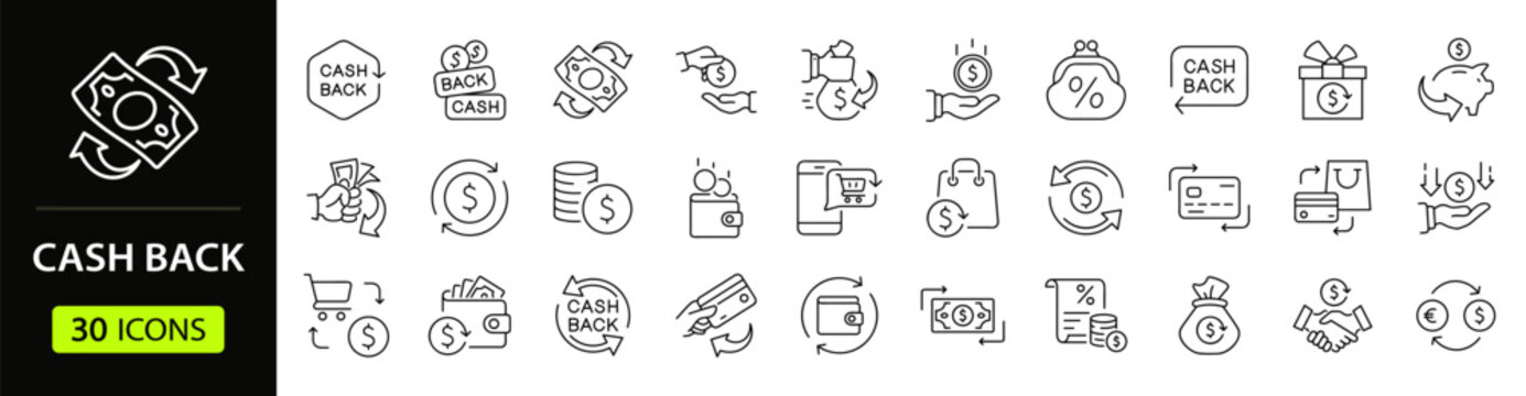 Cash Back Web Icon Set in Line Style. Collection of Money Movement Linear Icons, Including return money, cashback, profit, payment, income, money, refund, gain, profit and More. Editable Stroke.