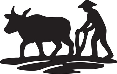 A farmer  is Cultivation land Dynamic cow    composition featuring bold  colors  