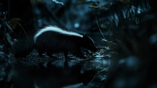 A black and white striped skunk is standing in a pond. The water is murky and the skunk is looking down. A skunk in the wild at night symbolizing caution
