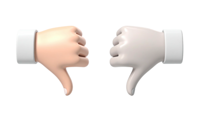 Two thumbs-down gestures side-by-side; one tan and one white, against black
