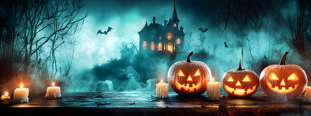 Glowing Halloween pumpkins against an abandoned house in the woods with fog and a moon make a spooky holiday scene for a Halloween banner or poster