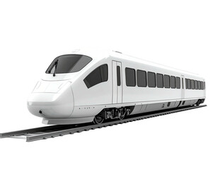 A sleek, white, high-speed passenger train gliding on rails, isolated on black