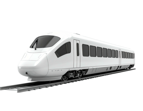 A sleek, white, high-speed passenger train gliding on rails, isolated on black