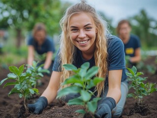 Joyful blonde woman actively engaged in planting new crops with a radiant smile, showcasing dedication to sustainable gardening and environmental stewardship in a vibrant community setting.