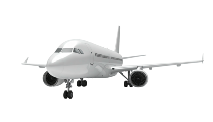 A white passenger jet airliner with engines, wings, and tail, on black background