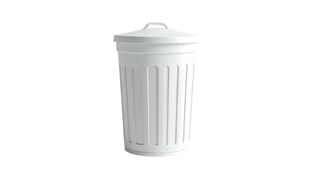 A white cylindrical waste receptacle with a lid against a black background