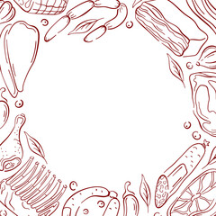 Frame of assorted meat cuts, sausage, bacon and herbs on a white background in line art style for butcher shop package design.