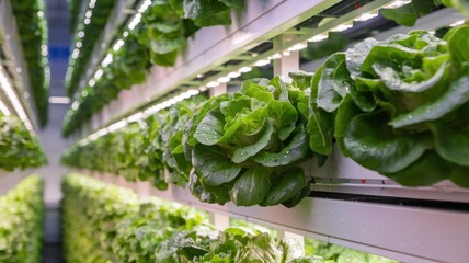Vertical hydroponic lettuce farm showcasing controlled environment agriculture.
