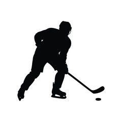 Black silhouette of a determined ice hockey player shooting the puck, hockey player checking opponent silhouette vector illustration