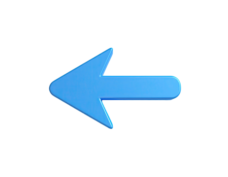 A bright, 3D-rendered, blue arrow pointing left against a stark black backdrop