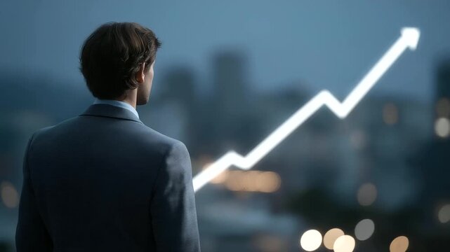 male executive standing before holographic upward graph city skyline twinkling at night faint traffic noise below soft beeps from trading screens immersive finance vibe three quart