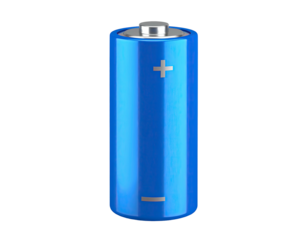A vibrant, blue cylindrical object with metallic top, positive & negative markings