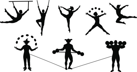 Circus silhouette illustration, trapeze artist, dancer, juggler, clown, strongman, acrobat, black vector, performance art, entertainment, physical skill, white background