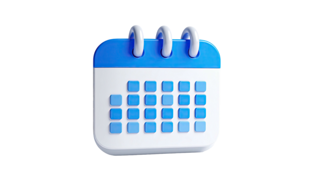 3D render of a blue and white calendar, against a black background