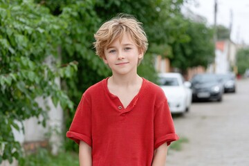 Fototapeta premium Smiling Young Boy in Red Shirt Posing Outdoors on Paved Street with Green Trees and Blurred Cars